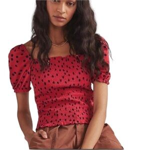 Anthropologie Dolan Red Polka Dot Smocked Puff Sleeve Square Neck Top Size M